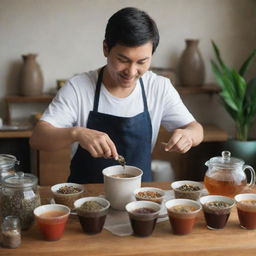 An individual surrounded by various types of teas, brewing a fresh pot with a look of pure delight on their face.