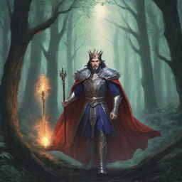 An anime-style illustration of a majestic king darting through a mystical forest, seeking escape from his power-hungry brothers who are hell-bent on taking his throne.