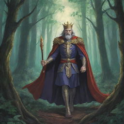 An anime-style illustration of a majestic king darting through a mystical forest, seeking escape from his power-hungry brothers who are hell-bent on taking his throne.