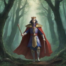 An anime-style illustration of a majestic king darting through a mystical forest, seeking escape from his power-hungry brothers who are hell-bent on taking his throne.