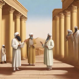 Create an image depicting the moment when Prophet Moses and Prophet Aaron came to Pharaoh's palace to preach