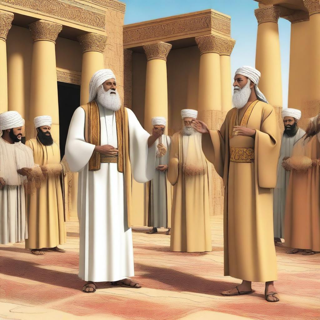 Create an image depicting the moment when Prophet Moses and Prophet Aaron came to Pharaoh's palace to preach