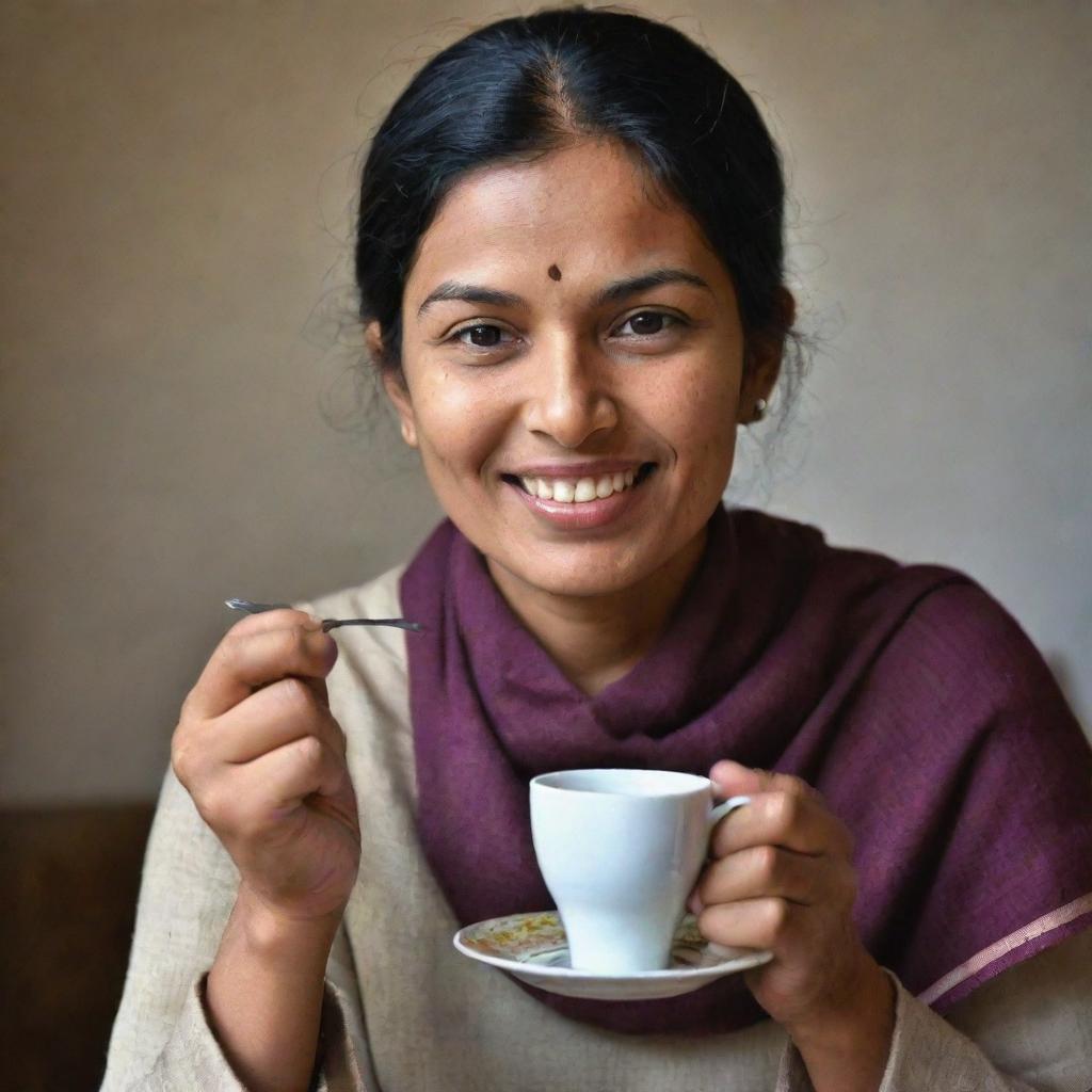 The tea lover from previous image now serving a hot cup of aromatic chai with a joyful expression.