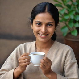 The tea lover from previous image now serving a hot cup of aromatic chai with a joyful expression.