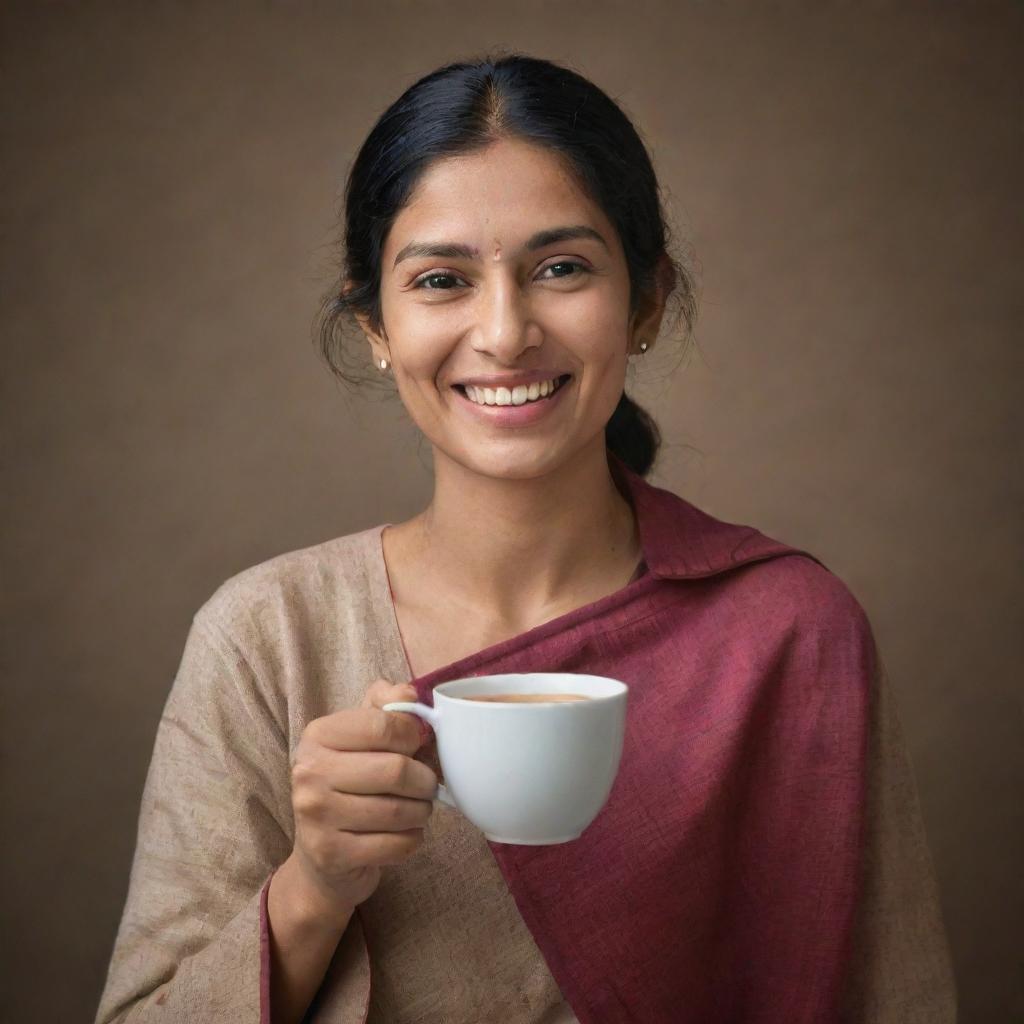 The tea lover from previous image now serving a hot cup of aromatic chai with a joyful expression.