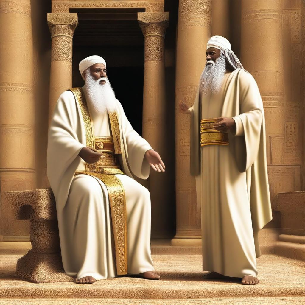 Create an image depicting the moment when Prophet Moses and Prophet Aaron preached monotheism to Pharaoh