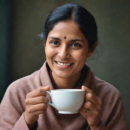 The tea lover from previous image now serving a hot cup of aromatic chai with a joyful expression.