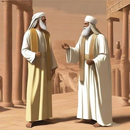 Create an image depicting the moment when Prophet Moses and Prophet Aaron preached monotheism to Pharaoh