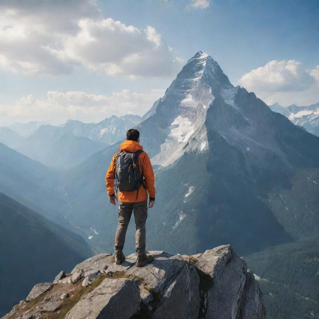 Saturo, a brave adventurer, stands on the peak of a majestic mountain, surrounded by the awe-inspiring beauty of nature.