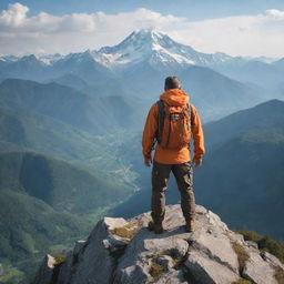 Saturo, a brave adventurer, stands on the peak of a majestic mountain, surrounded by the awe-inspiring beauty of nature.