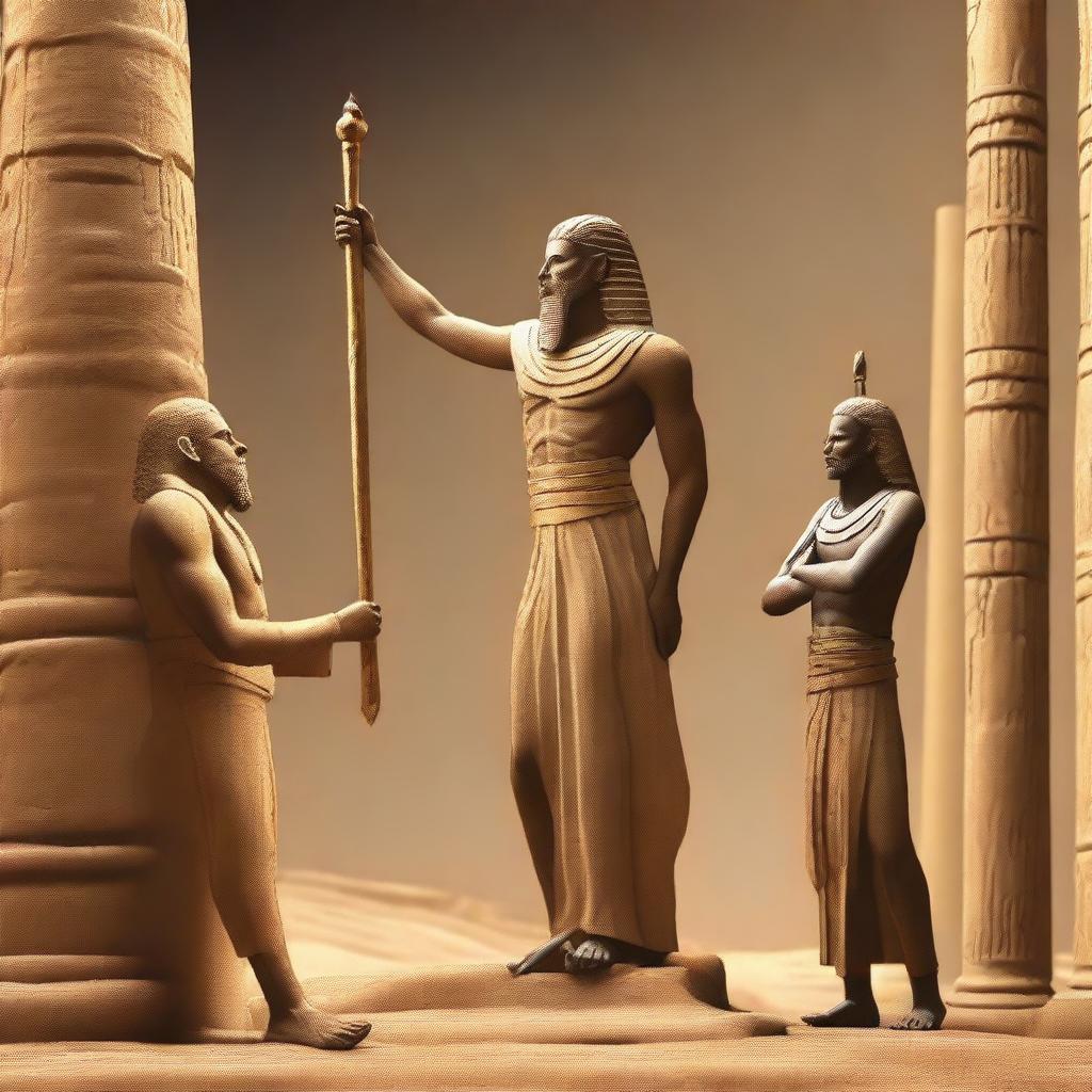 Create an image depicting the moment when Prophet Moses throws his staff in front of Pharaoh