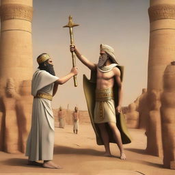 Create an image depicting the moment when Prophet Moses throws his staff in front of Pharaoh