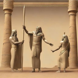 Create an image depicting the moment when Prophet Moses throws his staff in front of Pharaoh