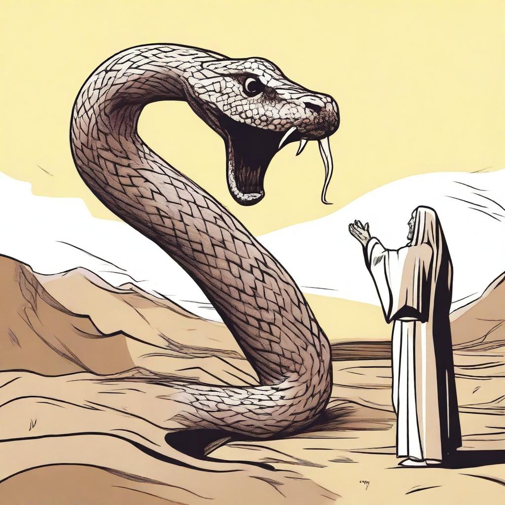 Create an image depicting the moment when Prophet Moses's staff transforms into a giant snake