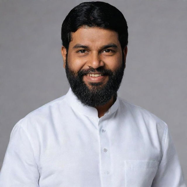 Generate an image of a man resembling Eknath Shinde, dressed in traditional Muslim attire, such as a white thobe and a taqiyah.