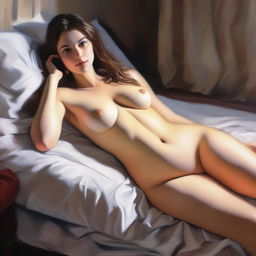 An artistic representation of a girl with brown hair, slim figure, and curvaceous body, lounging on a bed