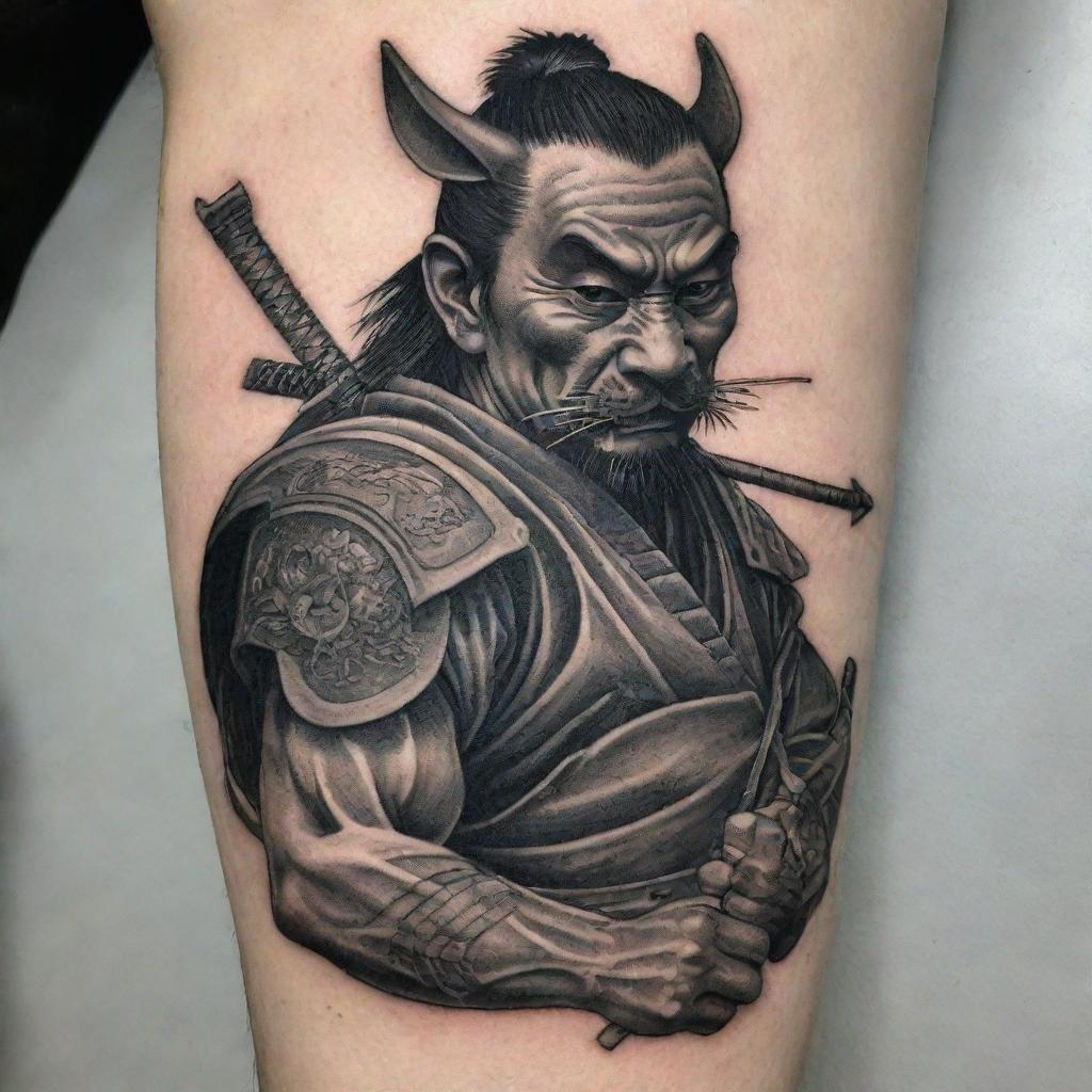 A detailed and artistically crafted tattoo design of a samurai with a rat-like face, sternly holding a finely engraved arrow.