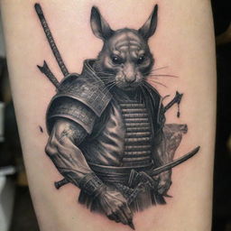 A detailed and artistically crafted tattoo design of a samurai with a rat-like face, sternly holding a finely engraved arrow.