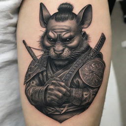 A detailed and artistically crafted tattoo design of a samurai with a rat-like face, sternly holding a finely engraved arrow.