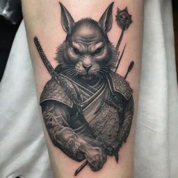 A detailed and artistically crafted tattoo design of a samurai with a rat-like face, sternly holding a finely engraved arrow.