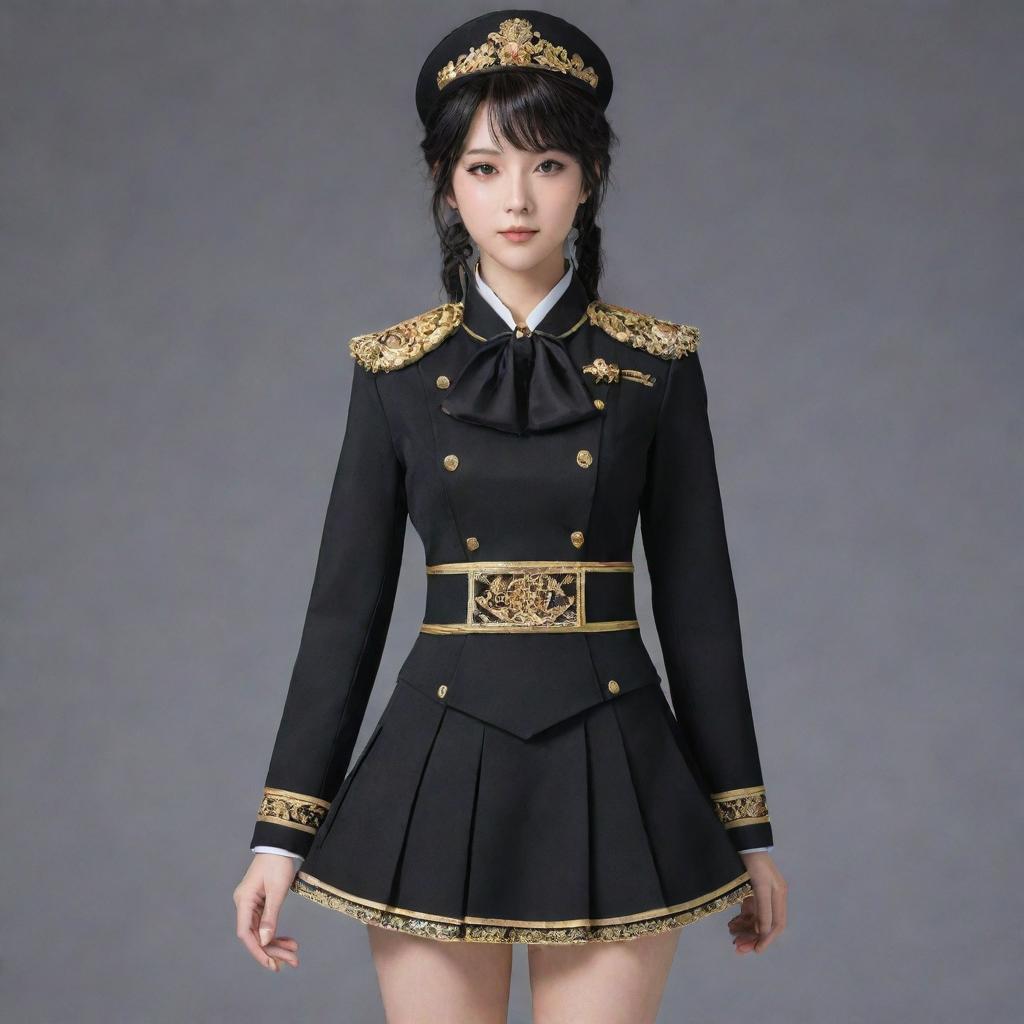 Anime styled female uniform in a rich black color, accented with intricate gold detailing.