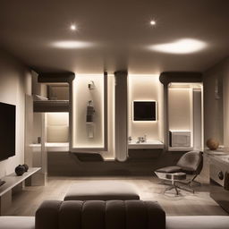 A modern, theme-based room featuring sleek furniture, minimal aesthetics, high tech appliances, and innovative lighting arrangements.