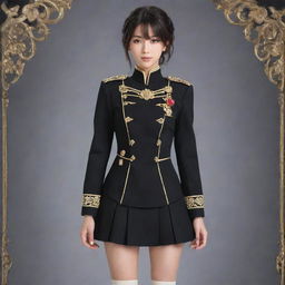 Anime styled female uniform in a rich black color, accented with intricate gold detailing.