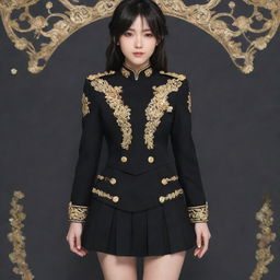 Anime styled female uniform in a rich black color, accented with intricate gold detailing.