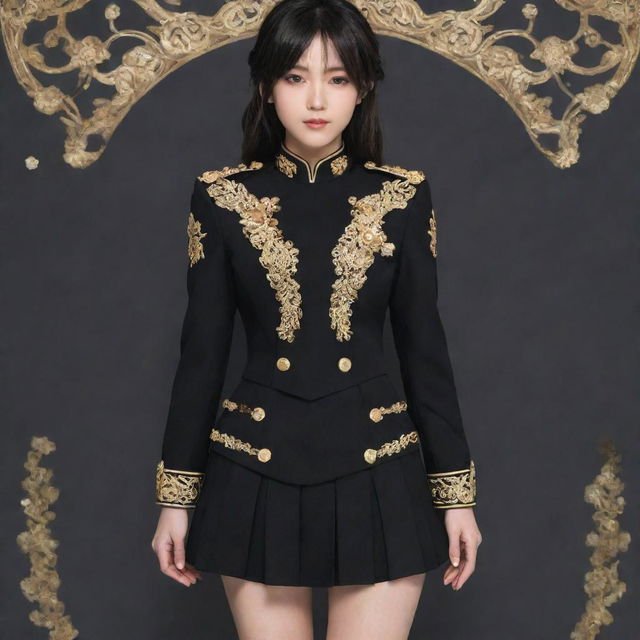 Anime styled female uniform in a rich black color, accented with intricate gold detailing.