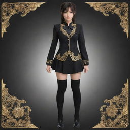 Anime styled female uniform in a rich black color, accented with intricate gold detailing.