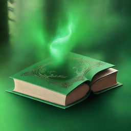 Create an image of an open book in the center with an ethereal green mist rising from it, forming the magical realm of Aetherion