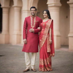 An Indian couple, Vidhi in a vibrant red saree and Vikram in a matching red kurta, exuding traditional elegance.