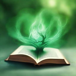 Create an image of an open book in the center with an ethereal green mist rising from it, forming the magical realm of Aetherion