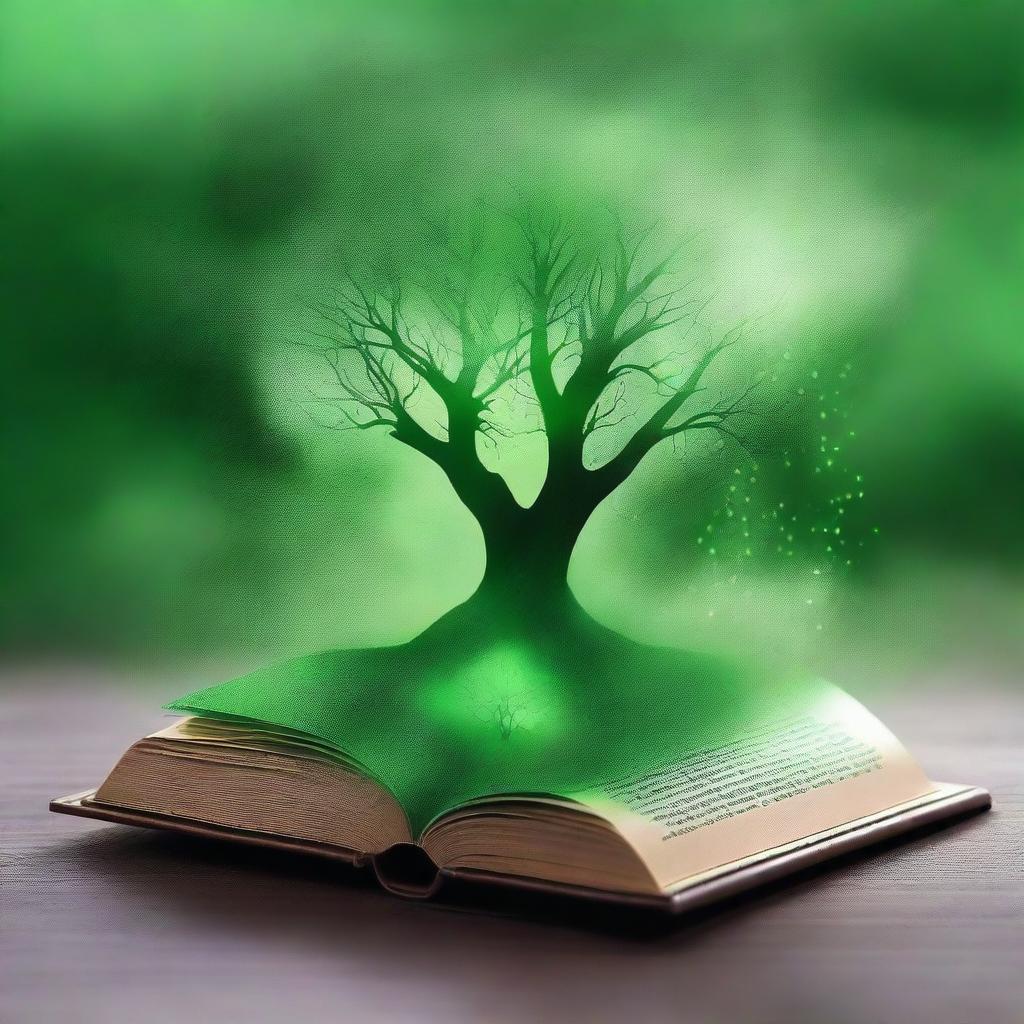 Create an image of an open book in the center with an ethereal green mist rising from it, forming the magical realm of Aetherion