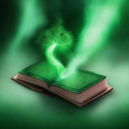 Create an image of an open book in the center with an ethereal green mist rising from it, forming the magical realm of Aetherion