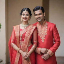 An Indian couple, Vidhi in a vibrant red saree and Vikram in a matching red kurta, exuding traditional elegance.