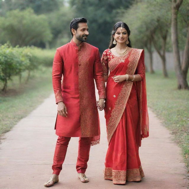 An Indian couple, Vidhi in a vibrant red saree and Vikram in a matching red kurta, exuding traditional elegance.