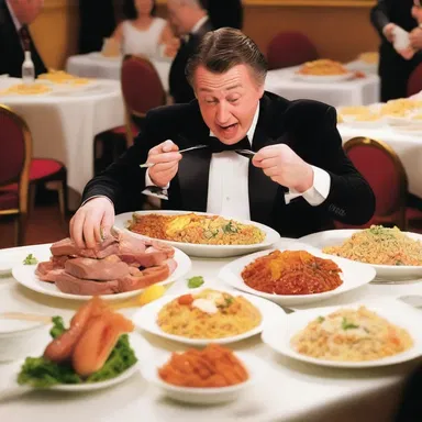 During the all-you-can-eat buffet, the comedian jokingly feigned voraciousness by continuously piling food onto his plate for comedic effect.