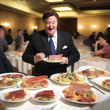 During the all-you-can-eat buffet, the comedian jokingly feigned voraciousness by continuously piling food onto his plate for comedic effect.