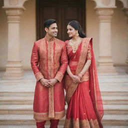 An Indian couple, Vidhi in a vibrant red saree and Vikram in a matching red kurta, exuding traditional elegance.