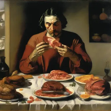 The painting depicted the voraciousness of the protagonist, who was shown eating an entire feast by themselves.