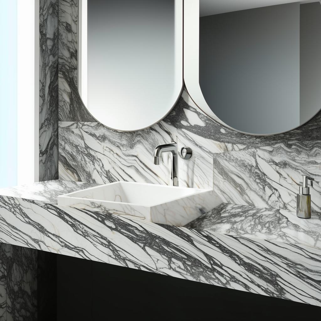 Render a sleek countertop with a modern washbasin. The countertop is glossy marble with hints of grey and white while the basin is a polished white ceramic