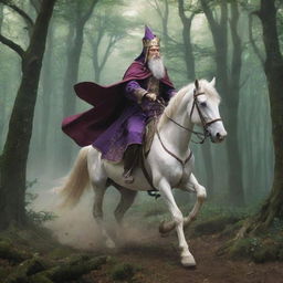 In anime style, a king disguised as a wanderer, riding a horse, accompanied by his devoted wizard, fleeing through a bewitching forest from his usurping brothers covetous of his throne.