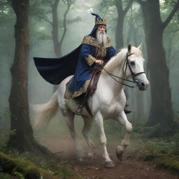 In anime style, a king disguised as a wanderer, riding a horse, accompanied by his devoted wizard, fleeing through a bewitching forest from his usurping brothers covetous of his throne.