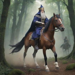 In anime style, a king disguised as a wanderer, riding a horse, accompanied by his devoted wizard, fleeing through a bewitching forest from his usurping brothers covetous of his throne.