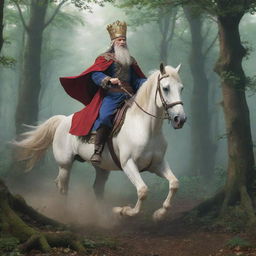 In anime style, a king disguised as a wanderer, riding a horse, accompanied by his devoted wizard, fleeing through a bewitching forest from his usurping brothers covetous of his throne.