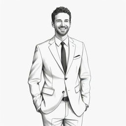 A doodle of a cheerful man in a stylish suit, depicted in a casual pose against a pure white background.