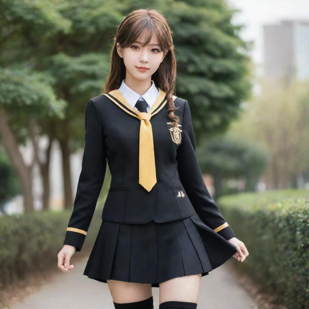 Anime style female high-school uniform in black color accentuated with golden details