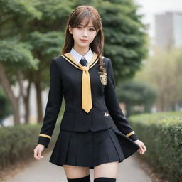 Anime style female high-school uniform in black color accentuated with golden details