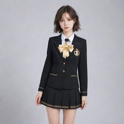 Anime style female high-school uniform in black color accentuated with golden details